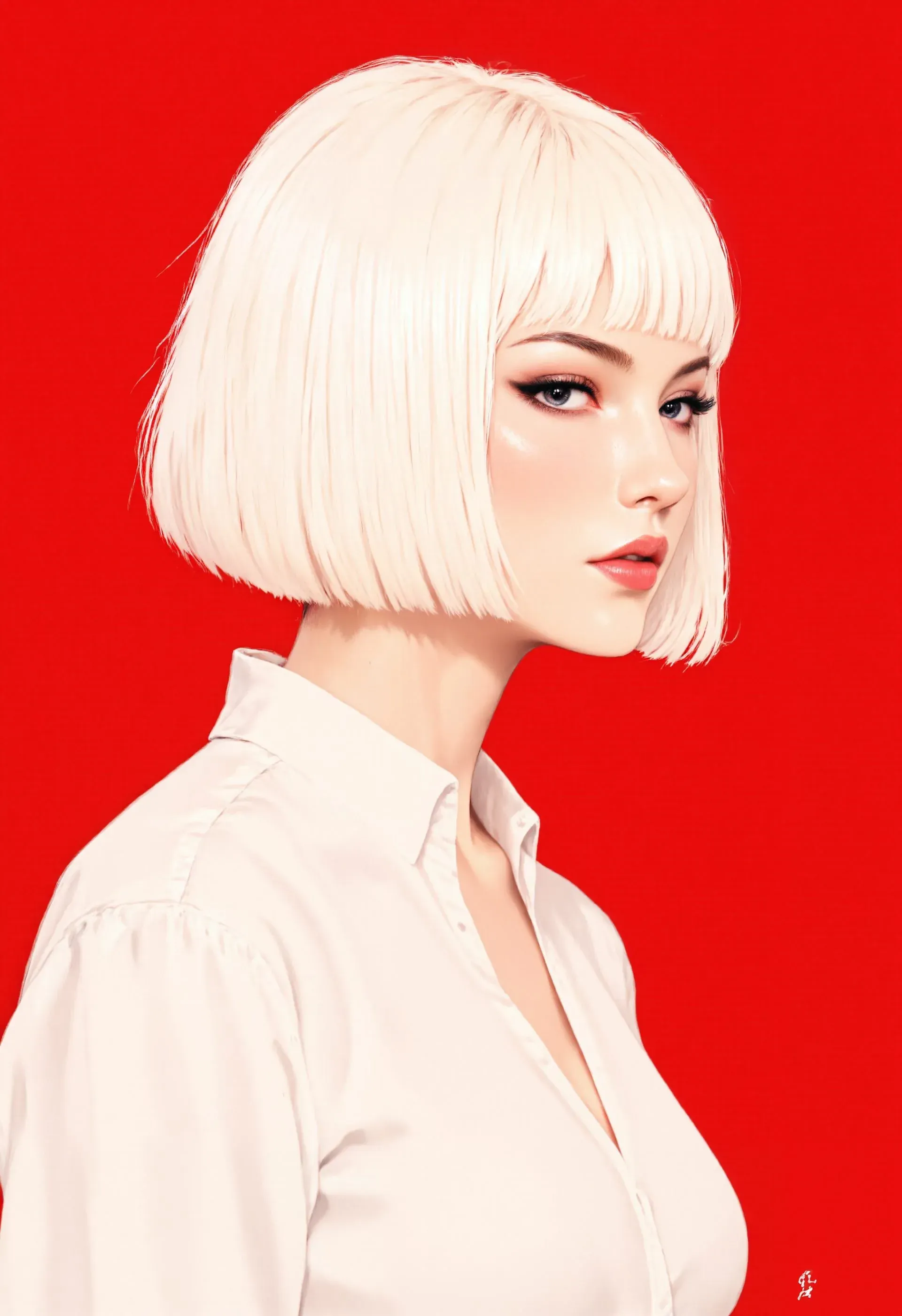 Nepotism, an artwork generated on the Nepotism V7 checkpoint: a woman with a platinum blunt bob in a white shirt against a flat red field