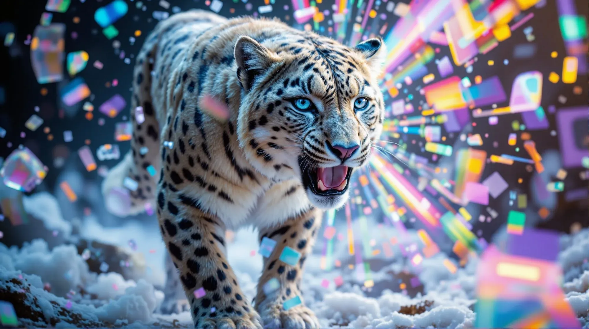 Prism Leopard, an artwork generated on the Nepotism V8 checkpoint: a snow leopard lunging through shattering prismatic light