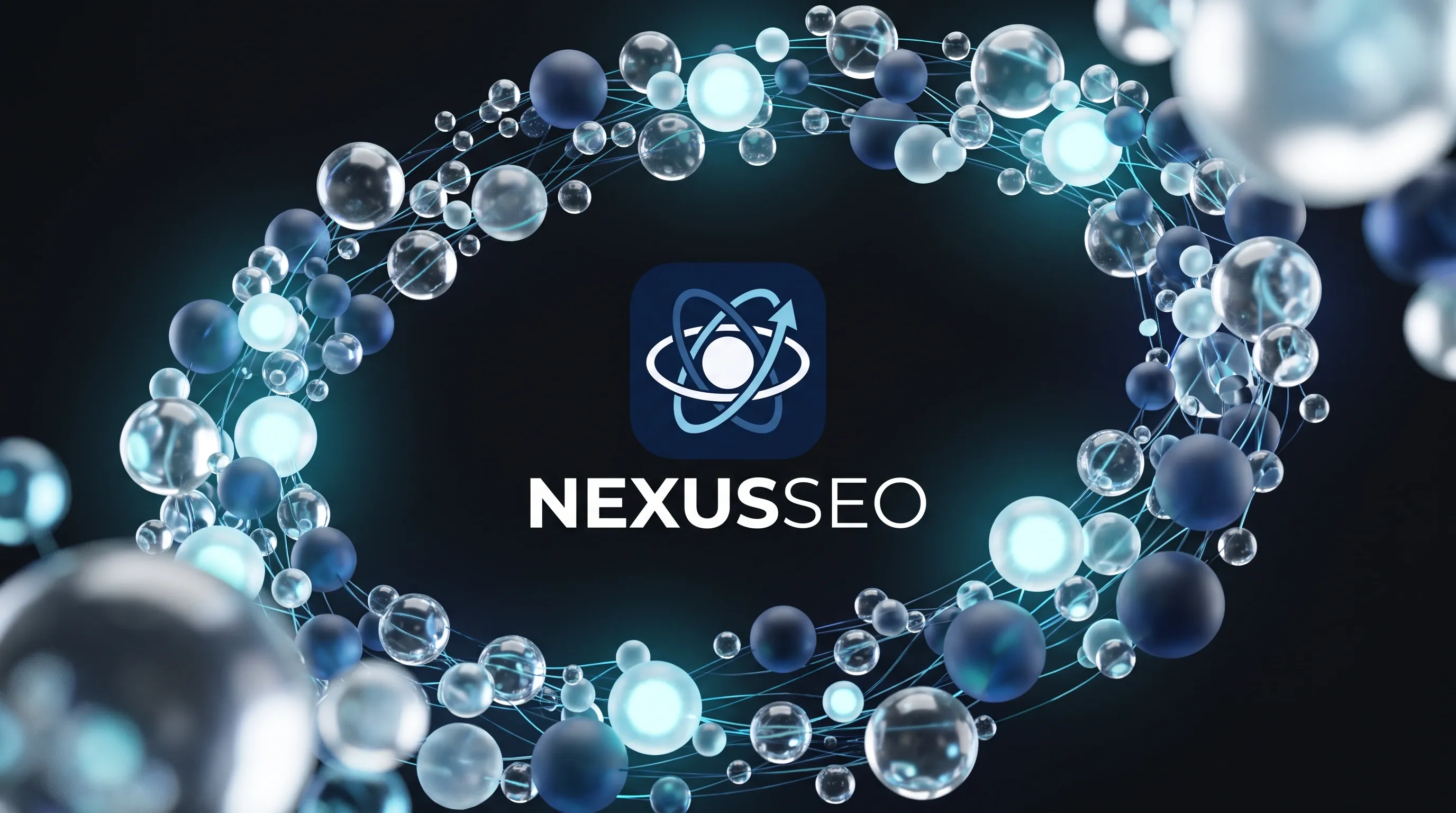 Nexus identity banner: the Nexus SEO icon and NEXUSSEO wordmark centred inside a wide orbit of glass orbs, navy, cyan and white, sweeping through the frame on black