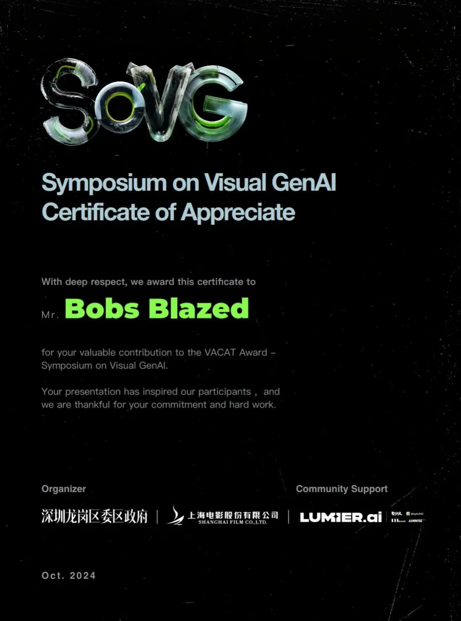 Certificate of appreciation from the Symposium on Visual GenAI, awarded to Bobs Blazed for his contribution to the VACAT Award, October 2024