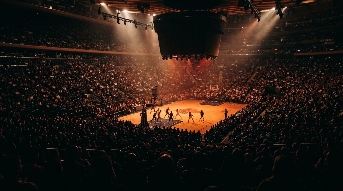 Basketball arena at night, warm court lighting and crowd in silhouette