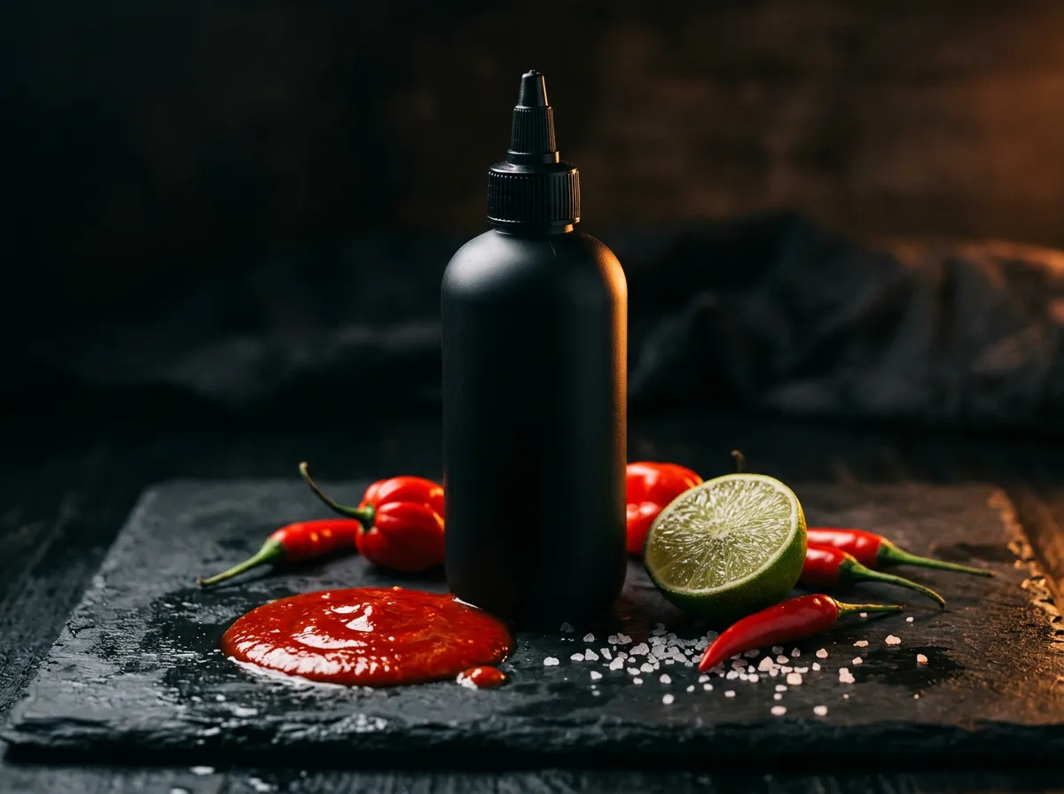 Studio still life of a hot sauce bottle with chilis and lime on dark slate